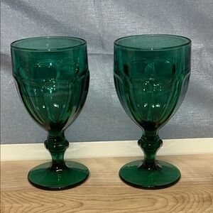 Elegant Set (2) Libbey DURATUFF Goblets Green Paneled Goblets 6.75" Tall USA